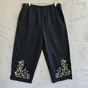 Bechamel Black Wide Leg Pants with Vibrant Floral Design